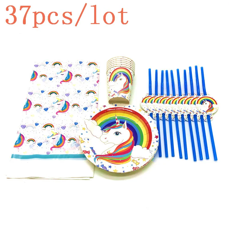 

Rainbow Unicorn 37Pcs Disposable Cartoon Cups Plates Event Party Straw Kid Favors Birthday Party Tablecover Decoration Supply
