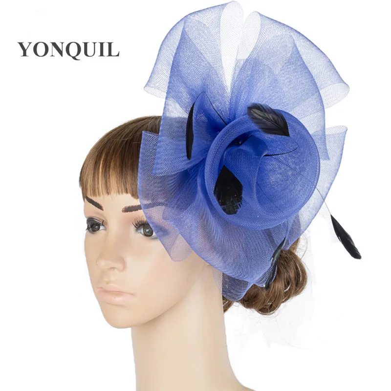Розничная,, многоцветные головные уборы с перьями, сетчатые головные уборы, хорошее качество, женская свадебная Клубная Кепка MYQ076 - Цвет: Синий