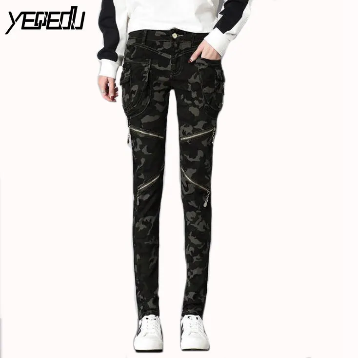 

#2901 Spring 2019 Biker Jeans Skinny Slim Fit Denim Cargo Jeans Pocket Punk Style Hip Hop Black/Blue/Red Camouflage Jean Femme