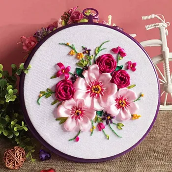 

DIY Flowers Ribbon Embroidery Cross Stitch Kit for Beginner Needlework Sets Sewing Stitching Craft Home Wall Painting Gift