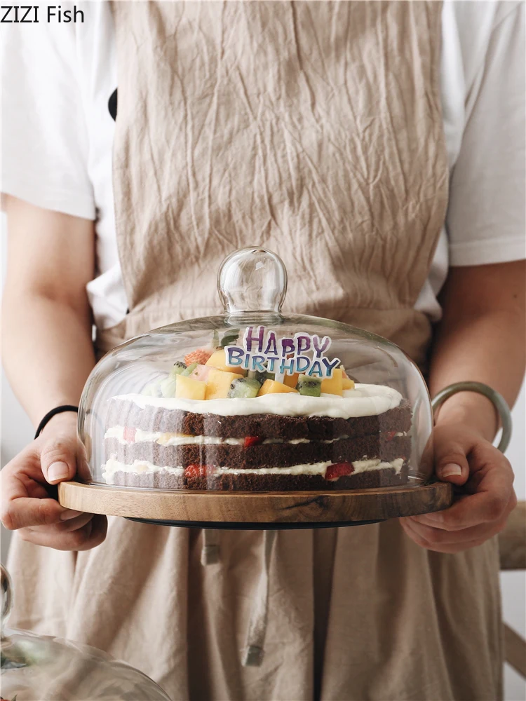 

Creative Cake Turntable Wooden Pallets Glass Cover Snack Bread Tray Dessert Display Stand Silk Turntable Kitchen Decoration