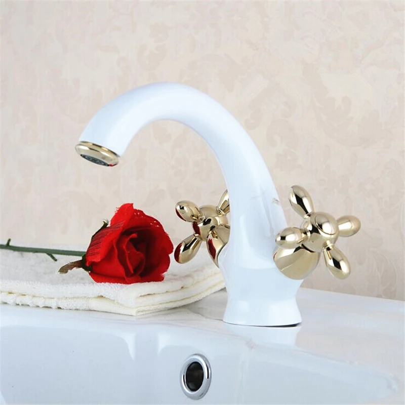 Free shipping white color +gold handles bathroom faucets brass mixer