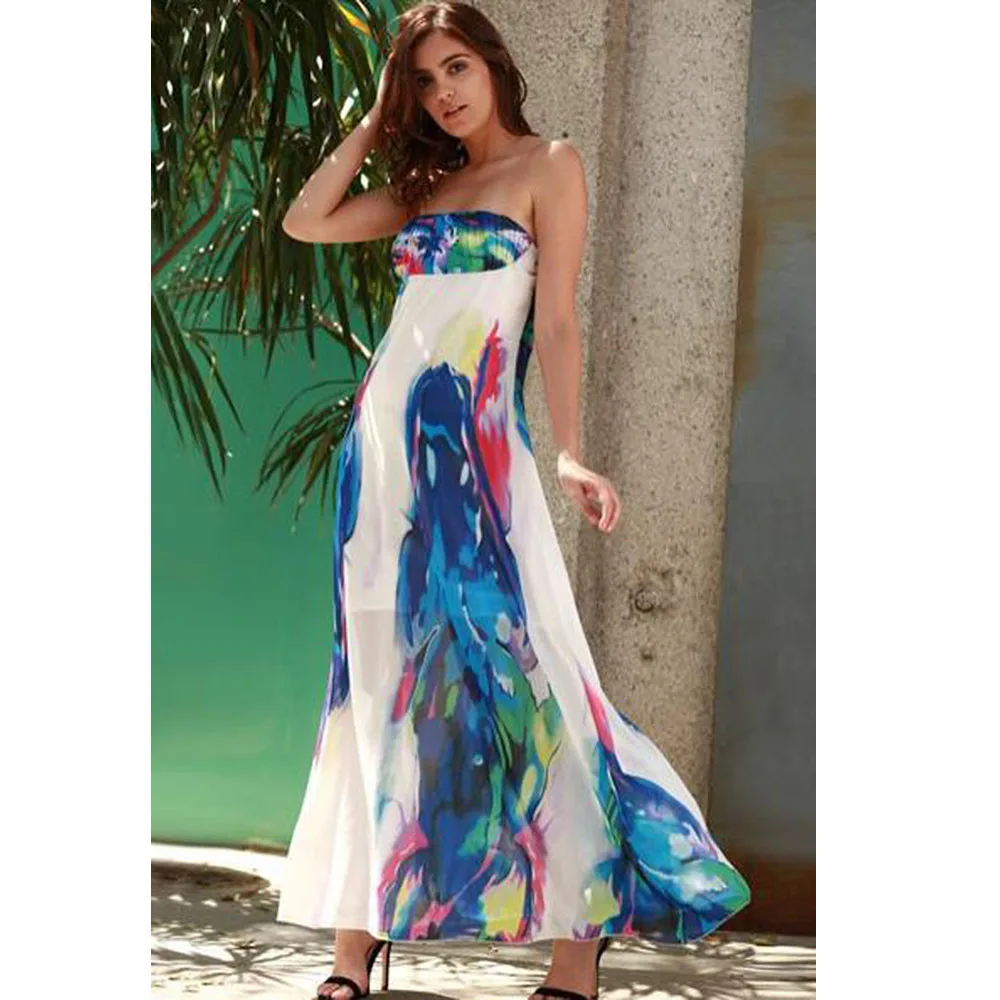 

JSMY Women Sexy Wrapped Chest Off-the-shoulder Print Dress Long Party Dress