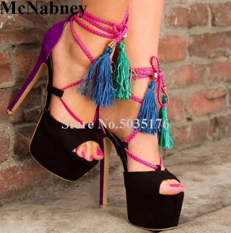 

2019 European Fashion Cross-tied Fringe Peep Toe High Platform Sandals Ankle Strap High Stiletto Heel Sandals Dress Women Shoes