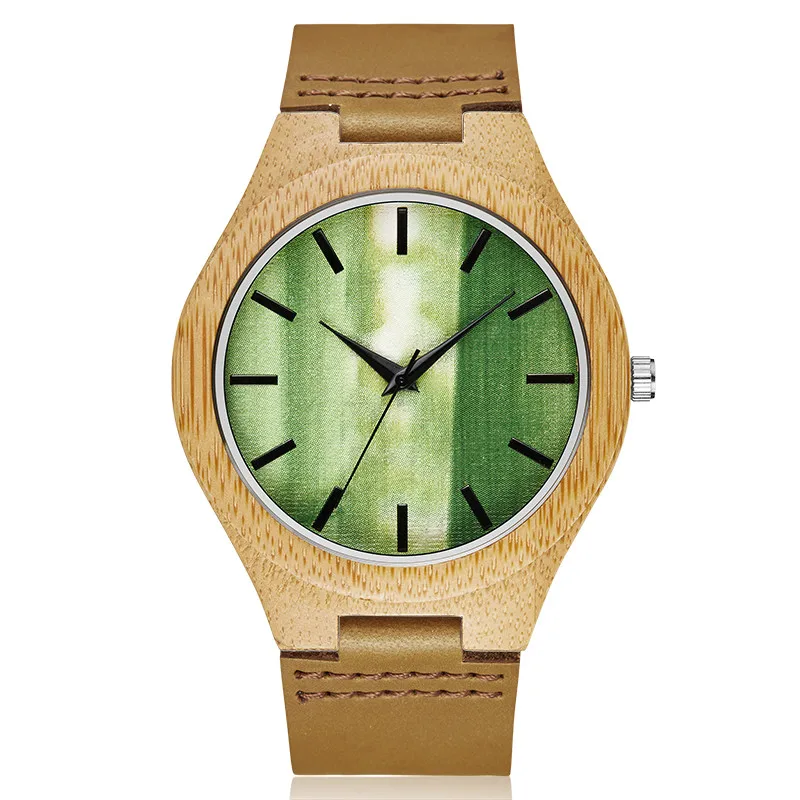 Лидирующий бренд уникальные деревянные часы Для мужчин модные из натуральной кожи Зеленый циферблат Wood Для мужчин кварцевые часы