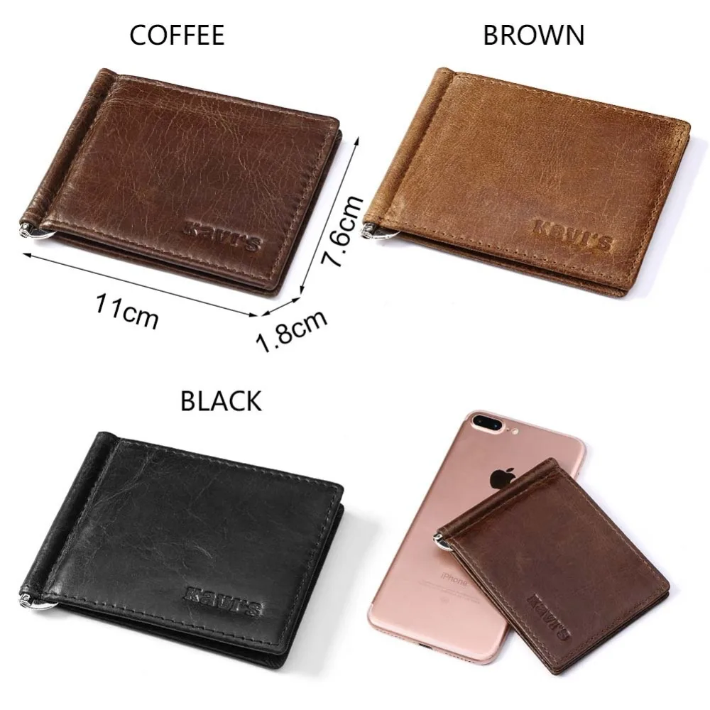 KAVIS Slim Brand Men Women Genuine Leather Bifold Male Purse Billfold Wallet Money Clip Female Clamp for Money Case 5