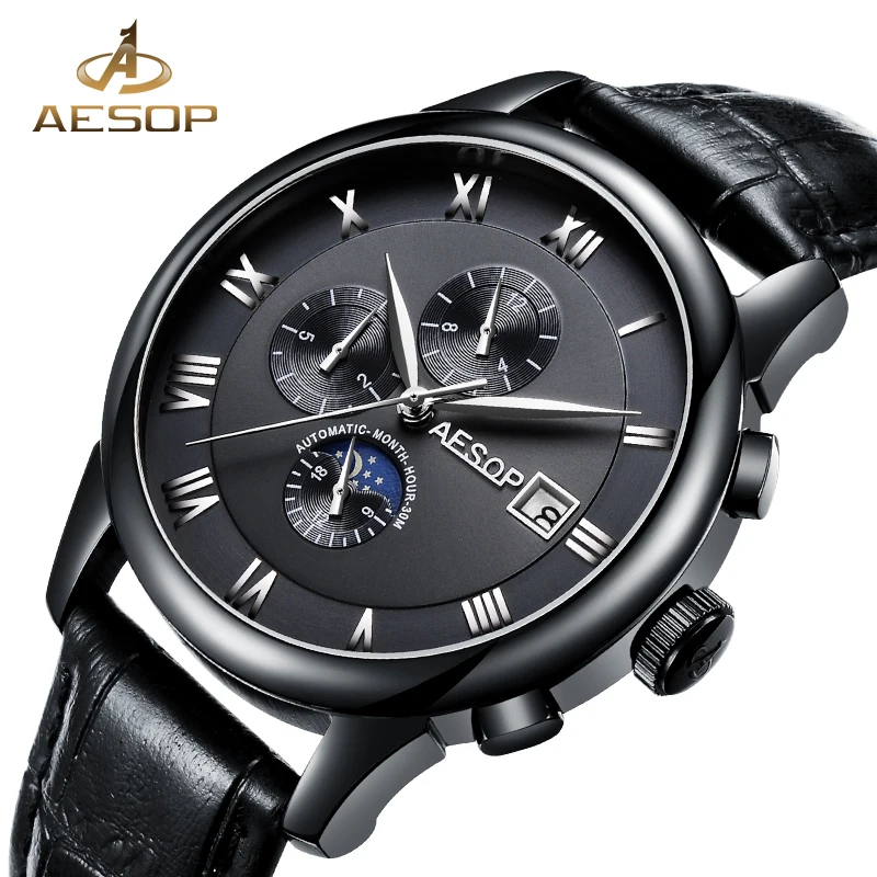 

AESOP Watch Men Brand Automatic Mechanical Watch Black Leather Men's Wrist Wristwatch Male Clock Men Relogio Masculino