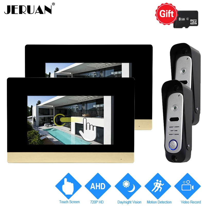 

JERUAN 7`` Touch Screen Video Doorbell Intercom System 720P AHD HD Motion Detection 2 Record Monitor +2 HD Waterproof Camera 2V2