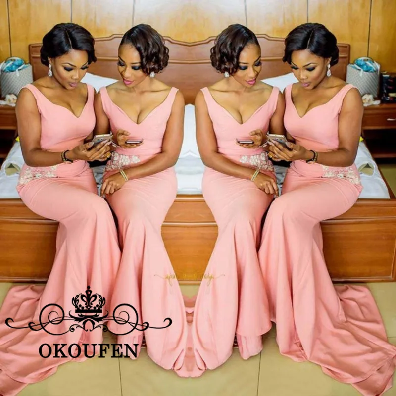

Robe demoiselle d'honneur Mermaid Pink Bridemaid Dresses 2019 Sexy V Neck Appliqued Formal Prom Party Gowns Sweep Train