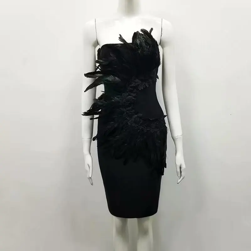 Уникальное модное дизайнерское мини-платье со звездными перьями, черные вечерние Клубные платья без бретелек для знаменитостей, Vestido
