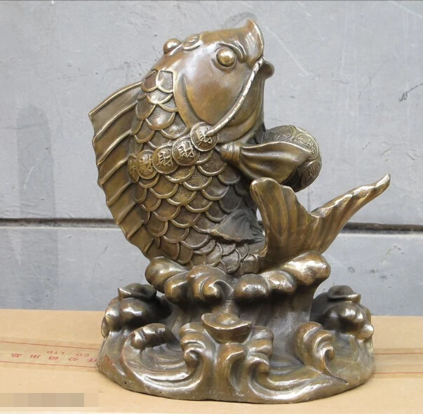 

10"Chinese pure Bronze carve money squama carp cyprinoid Fish sculpture luckly