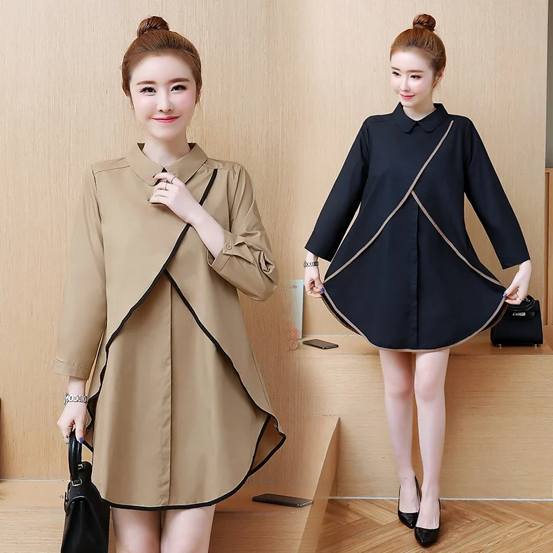 

Japan style large size loose blouses spring long sleeve casual shirt solid colar spliced arc hem black khaki tops blusas Z399