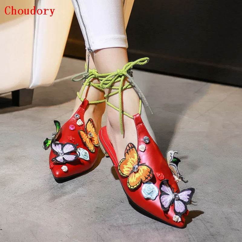 Choudory 2017 Fashion Women Poined Toe Flowers Sweety Sandals Butterfly Summer Slippers Lace Up Flat Shoes Women Red Pink Slides