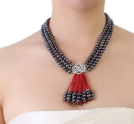 

Three-Strand 6.5-7.5mm Natural black Freshwater Pearl red coral Necklace 19 19.5 20inch