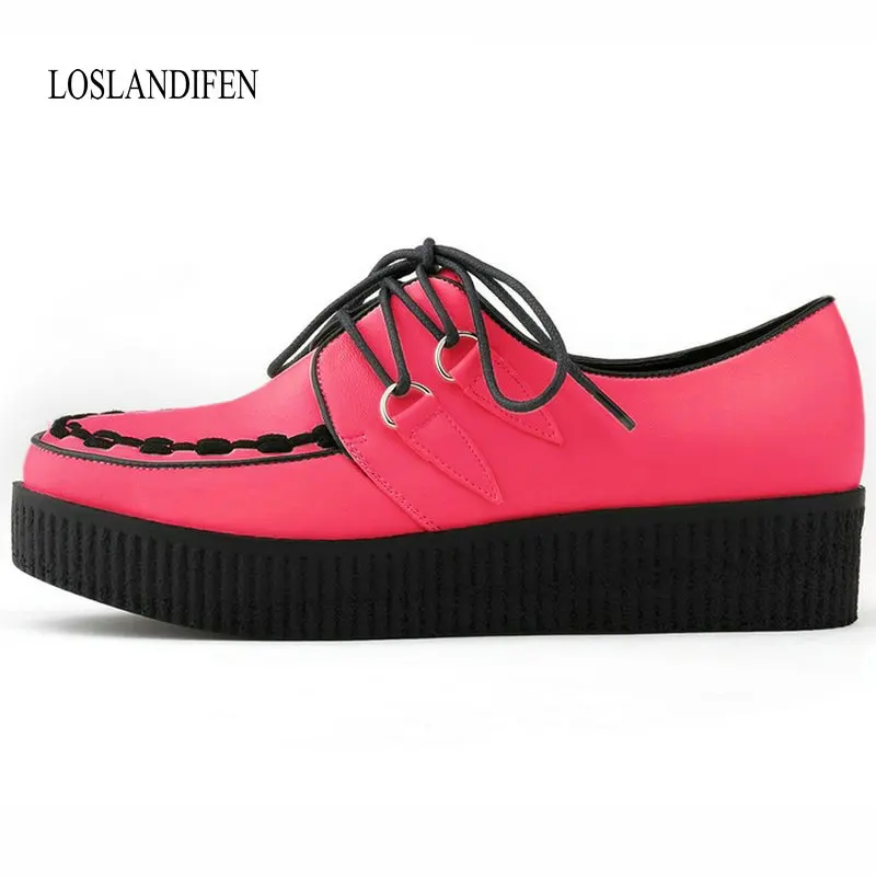 Loslandifen/Брендовые женские туфли ярких цветов на платформе женская обувь на плоской подошве Британский Стиль Creepers вырезами Повседневная обувь на плоской подошве женские размеры 42