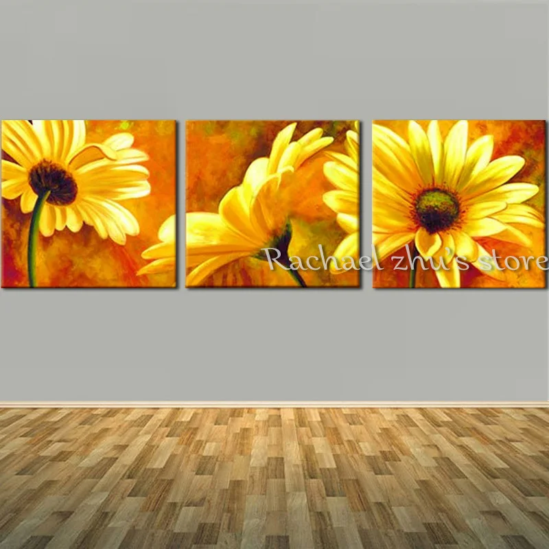 Hand Painted Yellow Daisy Flower Oil Painting On Canvas Three Panles