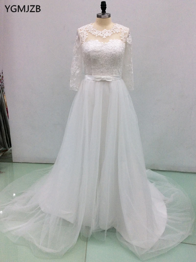 

Elegant White Long Wedding Dress 2018 A Line Long Sleeve Sweep Train Appliques Lace Bridal Wedding Gown Bride Dress Trouwjurk