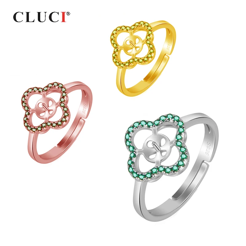 

CLUCI 925 Sterling Silver Green Zircons Clover Rings for Women Pearl Ring Mounting Jewelry Real Silver 925 Lucky Clover Rings