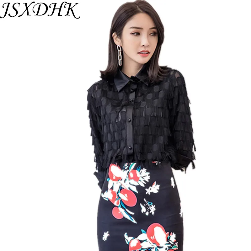 

JSXDHK New Summer Women 2018 Shirt Blusas High Quality Luxury Black Tassesl Long Sleeve Blouse Casual Lapel Collar Ladies Shirt