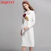 SEQINYY Autumn Winter Dress 2020 Fashion High Quality 3D Red Flower Beading Sequins Long Sleeve White / Black Kneed Slim Dress