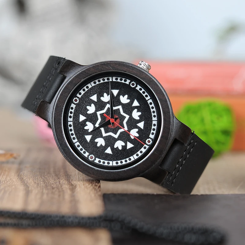 BOBO BIRD Ebony Wooden Timepieces Watch Men UV Priting Dial Face Soft Leather Band Quartz Mens Watches Top Luxury OEM W-J14