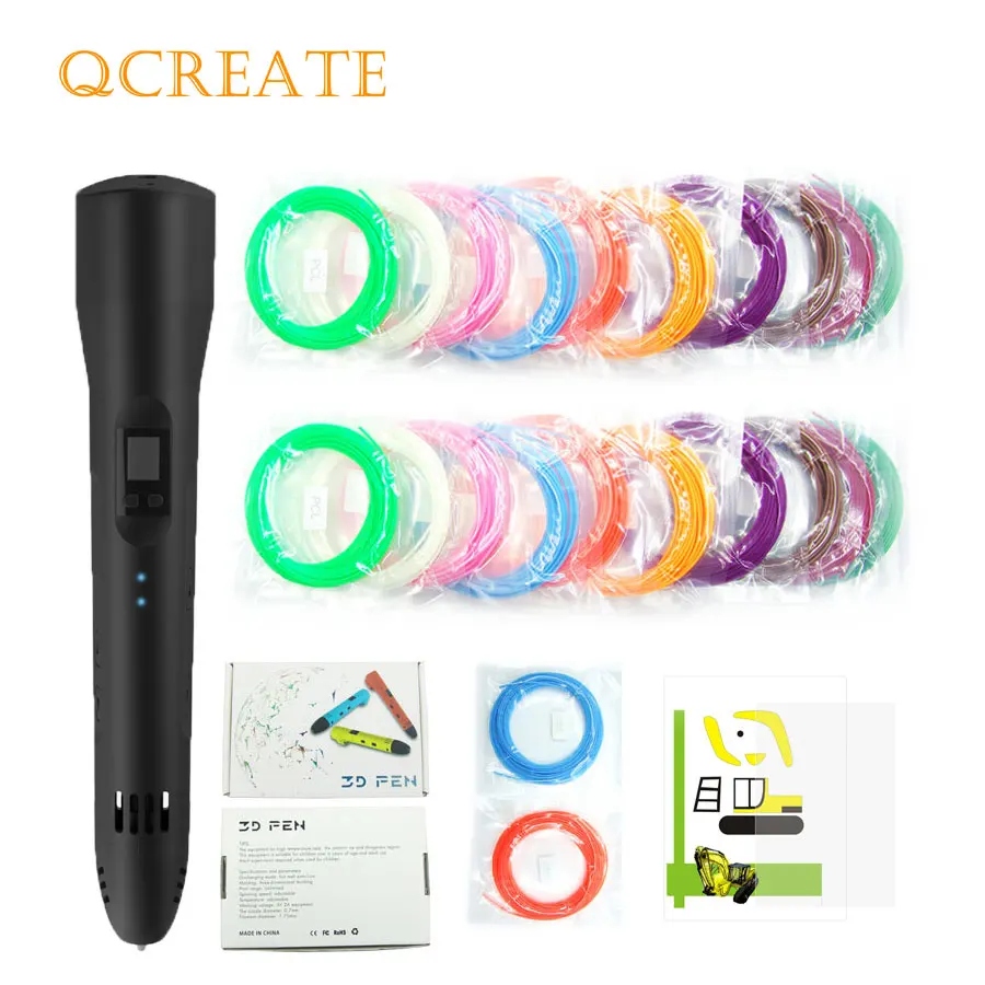 Beste QCREATE 3D Printing Pen PCL Lage Temperatuur 3D Pen LCD Display Verwarming Temperatuur Verstelbare 8 Speed Voeg 100 m filament