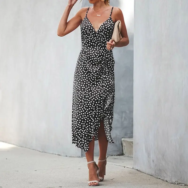 

Boho Sexy Strap Beach Dress Women Yellow Chic Sundress Deep V Ruffle Elegant Black Split Vintage Polka Dot Casual Summer Dresses