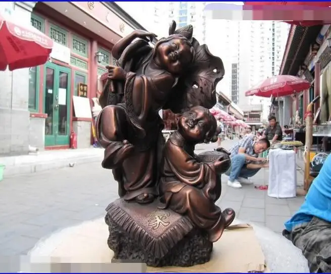 

free 12" Chinese Regius Pure Bronze Copper Refined two immortal mythical gods Statue fast