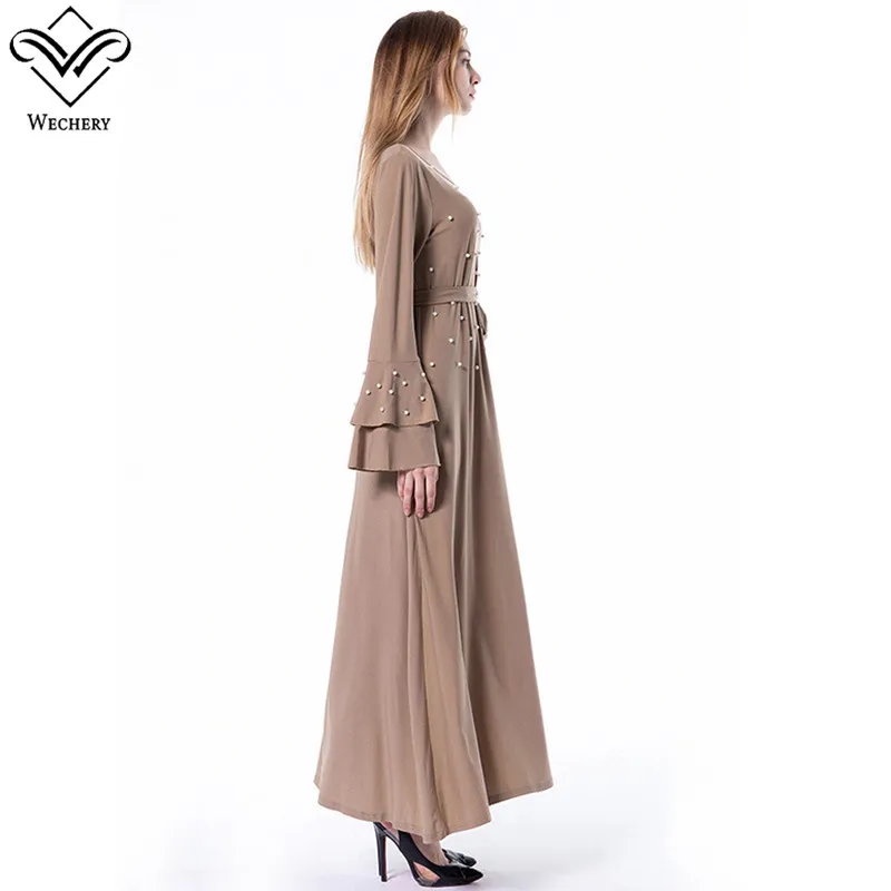 Wechery жемчуг Абаи кафтан женские исламский Костюмы Бисер шею Труба рукавом длинное платье черный хаки моды мусульманских