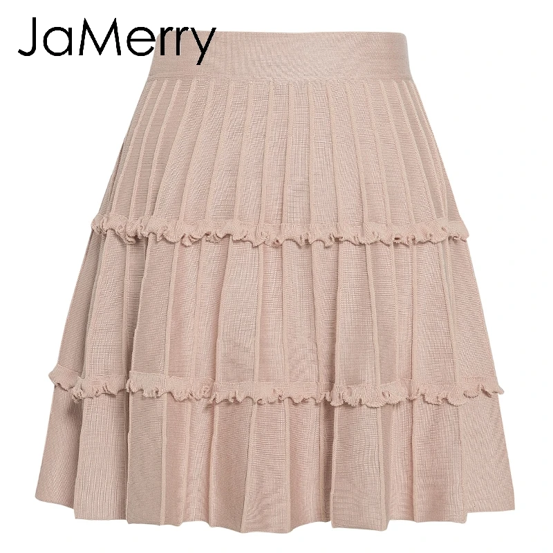 JaMerry, винтажная, элегантная, трикотажная юбка, женская, с высокой талией, трапециевидная, с рюшами, в полоску, юбка для женщин, Осень-зима, милая, розовая, юбки