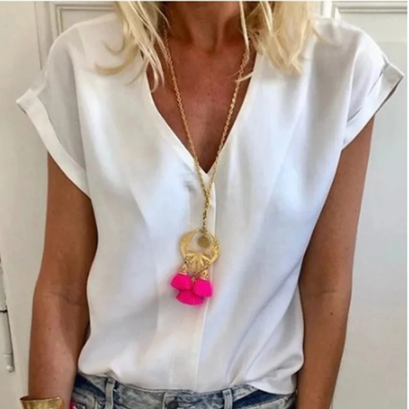 

Women's Chiffon Plain Tshirt Tops White V-Neck Short Sleeve Solid T-shirts Ladies 2019 Summer Fashion New Casual Tee Top Woman