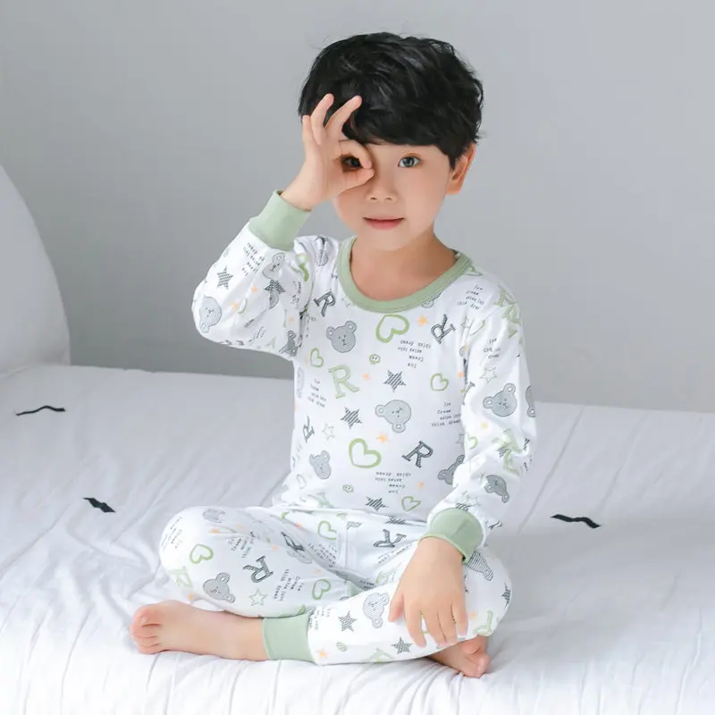 Пижамный комплект для девочек, весна-осень, детский хлопковый комплект с длинными рукавами, хлопок, подштанники для больших мальчиков, детская одежда для сна, нижнее белье с круглым вырезом - Цвет: Pea Green