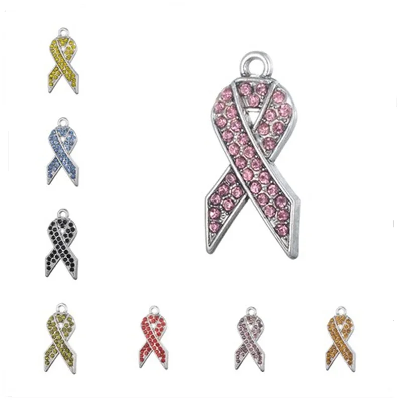 

my shape Assorted Cancer awareness ribbon charm Pink Red Blue Yellow Red Gold Green Purple Ribbon Rhinestone Charm 20pcs