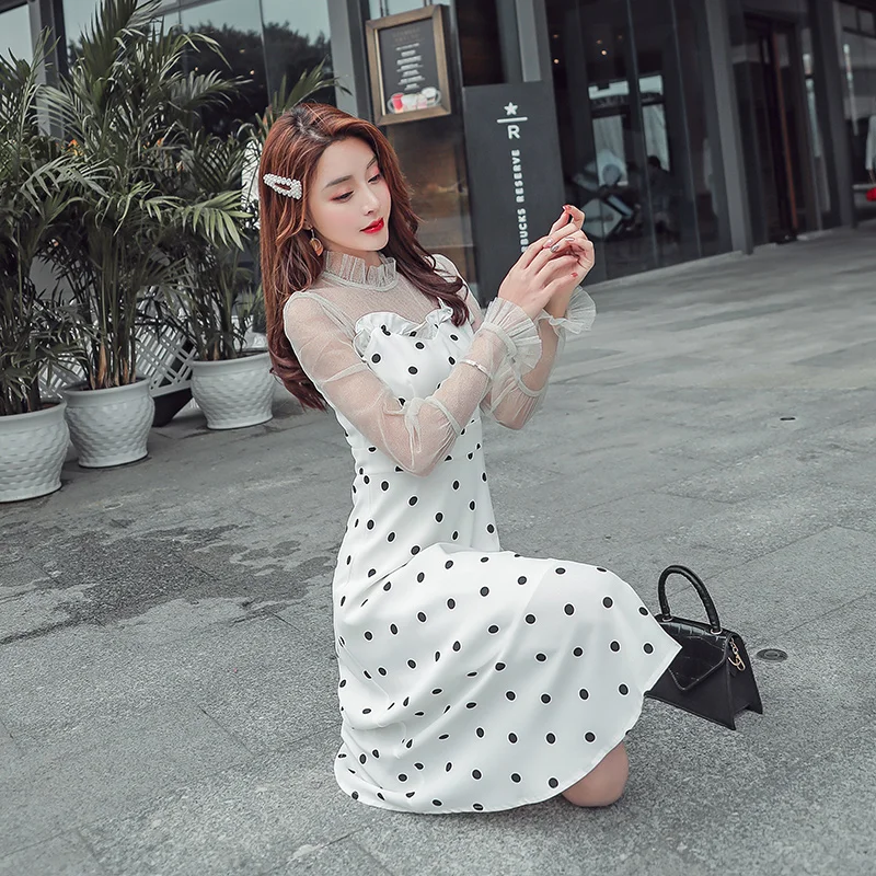 JIBAIYI Summer Transparent Mesh Midi Sexy Dress Women Petal Sleeve Elegant Black Dot Patchwork Sundress Ruffle Collar Vestidos JIBAIYI Summer Transparent Mesh Midi Sexy Dress Women Petal Sleeve Elegant Black Dot Patchwork Sundress Ruffle Collar Vestidos