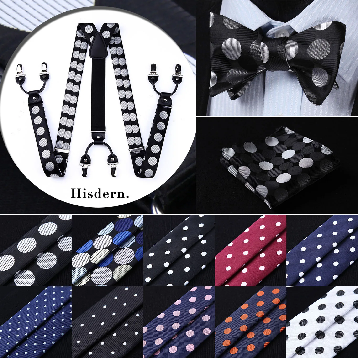 

Polka Dot Various Classic 6 Clips Suspender&Bowtie and Pocket Square Set #S1