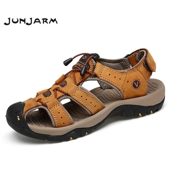 

JUNJARM 2020 Brand Mens Sandals Genuine Leather Men Beach Shoes Breathable Summer Casual Quality Outdoor Walking Sandals For Men