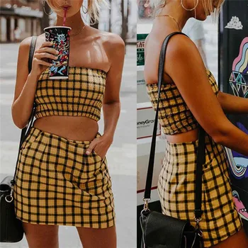 

2019 Women Plaid 2 Piece Sets and One Piece Top Summer Strapless Crop Top+Short Pencil Skirts Sets Off Shoulder Short Tops