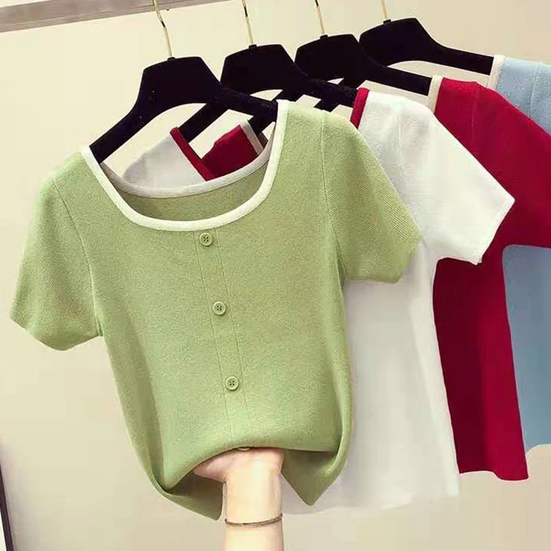 

shintimes Short T Shirt Thin Knitted T-shirt Women Button Square Collar Cotton Female Clothes Summer Tops Casual Tshirt Femme