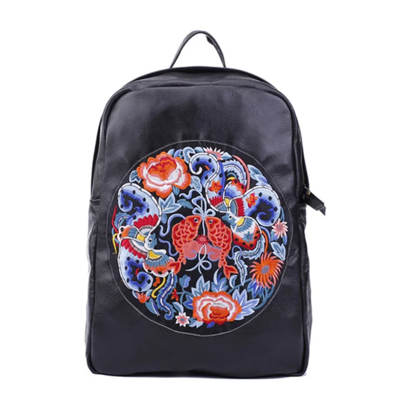 Vintage Embroidered black Backpacks Women Classic School For Girls Fashion School bag real Leather High Quality College Backpack