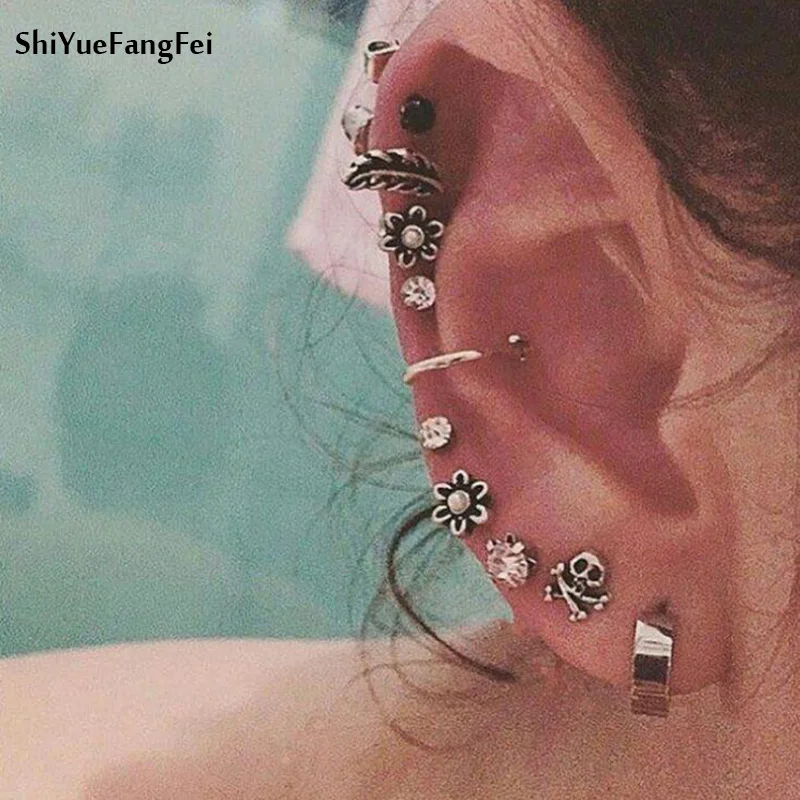 

9 PCS/Set Antique Silver Feather Skull Retro Earring Sets 2018 Boho Crystal Flower Studs For Women Heart Star Brincos Jewelry