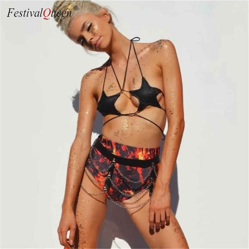 FestivalQueen sexy metal chain PU hollow tank top women new arrival patchwork bandage nightclub backless halter crop top