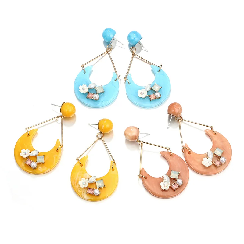 

DoreenBeads New Stud Earrings Colorful Acrylic Moon Pendant Flower Geometric Cabochon Romantic Accessories Earrings Gift,1 Pair