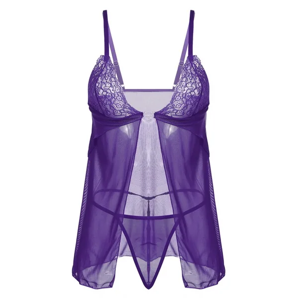 Avidlove, Сексуальная кружевная одежда для сна с лямкой через шею, ночная рубашка с передним платьем, ночная рубашка+ стринги, комплект, Эротическое нижнее белье, нижнее белье, XXL - Цвет: Purple