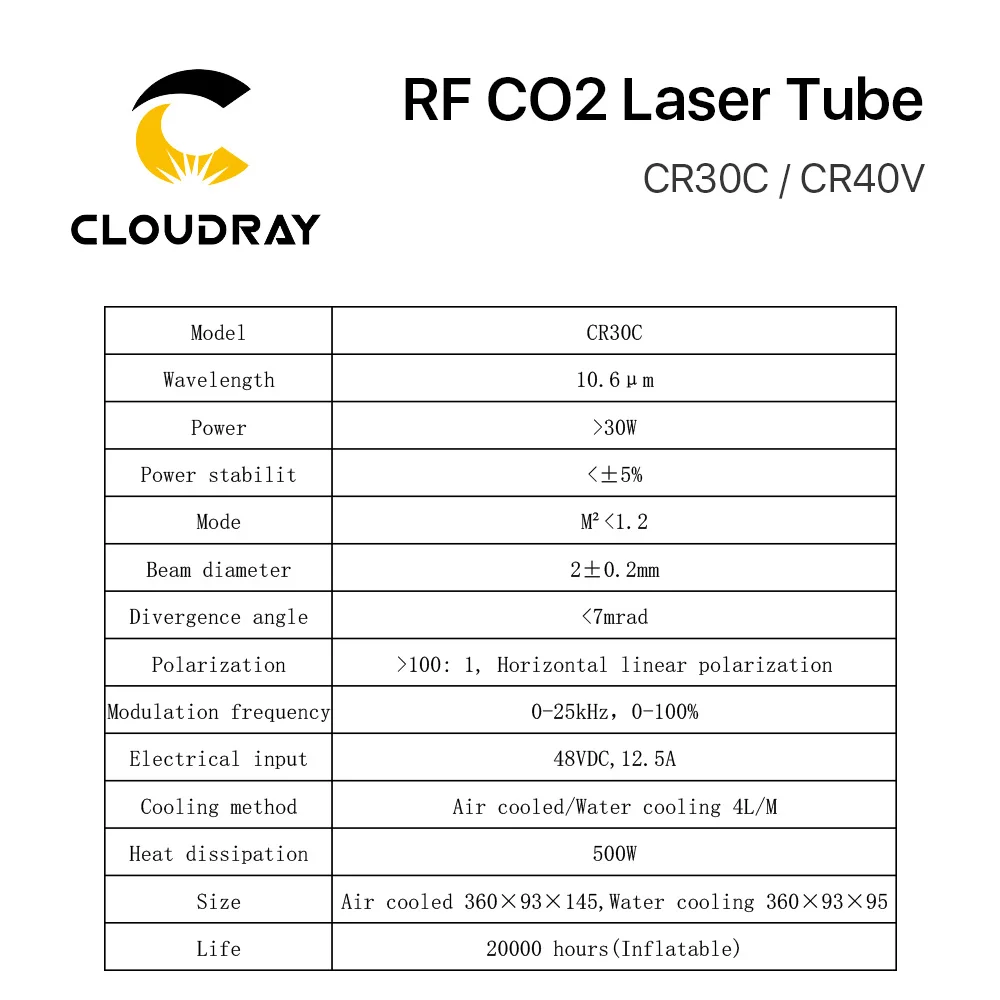 Cloudray 30 Вт 40 Вт CRD CO2 лазерная трубка CR30C/CR40V RF лазерная трубка для CO2 лазерная гравировка маркировочная машина