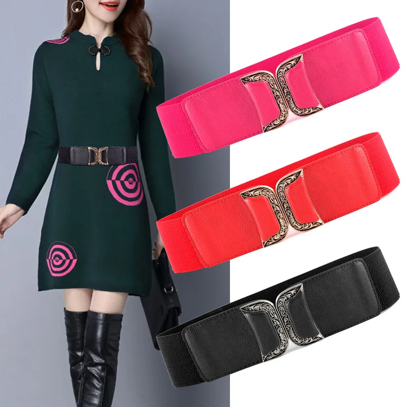 Wide Elastic Stretch Belt Cinch Women Webbing Belts Metal floral