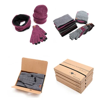 

3 Pieces Unisex Cap Set Winter Warm Beanie Hat Scarf Touch Screen Gloves for Men Women