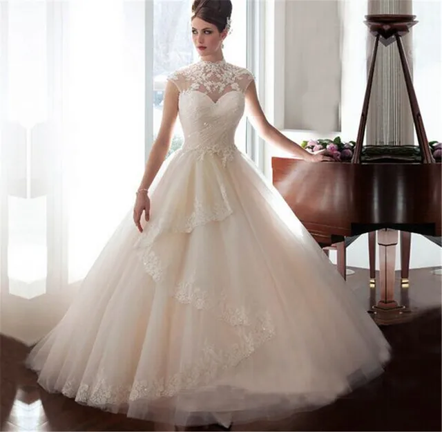 estilo de la princesa vestido de novia cuello alto manga del