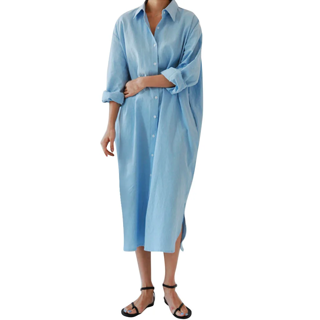 

Fashion Women Sexy Solid Long Sleeve Easy Button Lapel Blouse Dress Korean Women Dress PLUS Size Blusas Mulher Elegantes