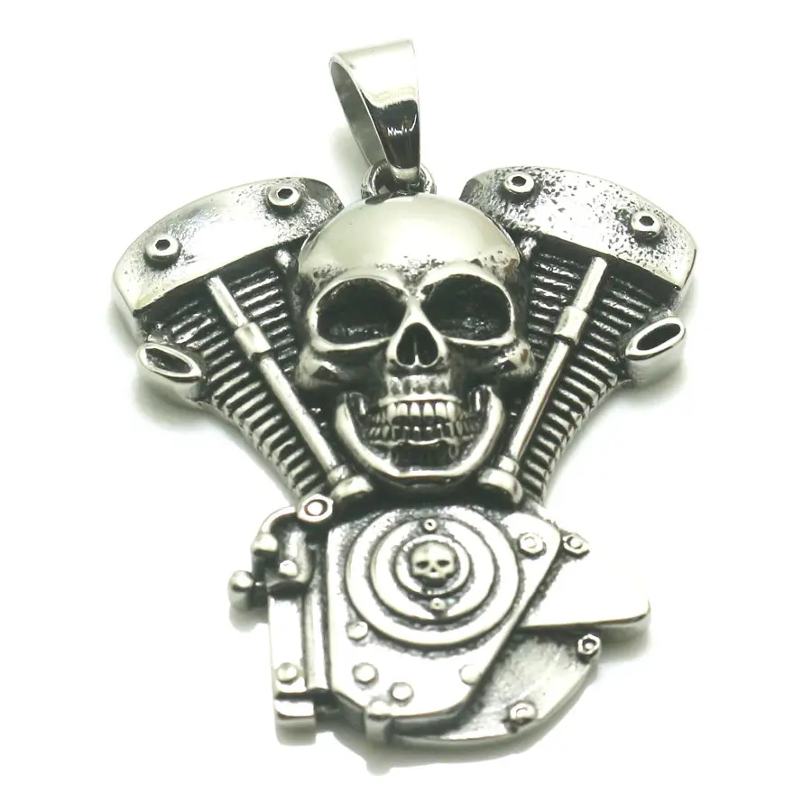 

316L Stainless Steel Silver Big Engine Motorcycle Biker Skull Pendant