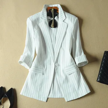 

2020 New Spring Summer Korean Plus Size Hlaf Sleeves Blazers Suits Women's Short Striped Suit Jacket Women Coat White Tops X931